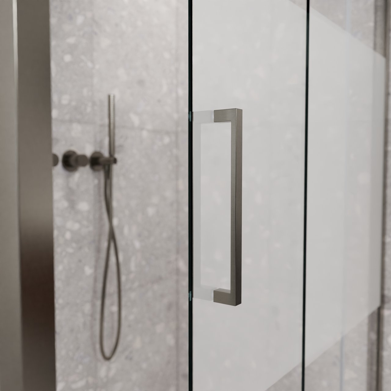Balmani Senses Design Eckdusche: Schiebetür (Rechts) mit fixierte Seitenwand, 140 x 90 cm, Klarglas mit mattiertem Streifen, Profil Brushed GunMetal
