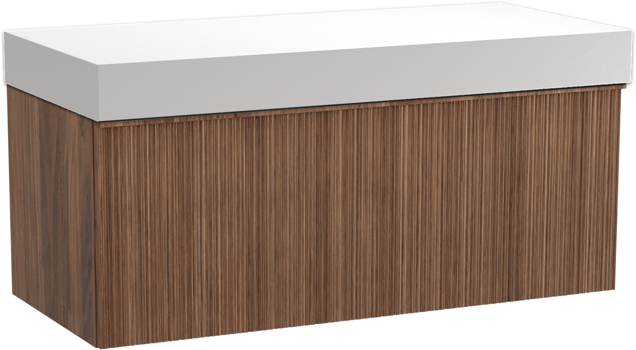 Balmani Forma zwevend badkamermeubel 120 x 55 cm amerikaanse notelaar met Dominus enkel of dubbel tablet in solid surface mat wit, Verticale asymmetrische ronde ribbel