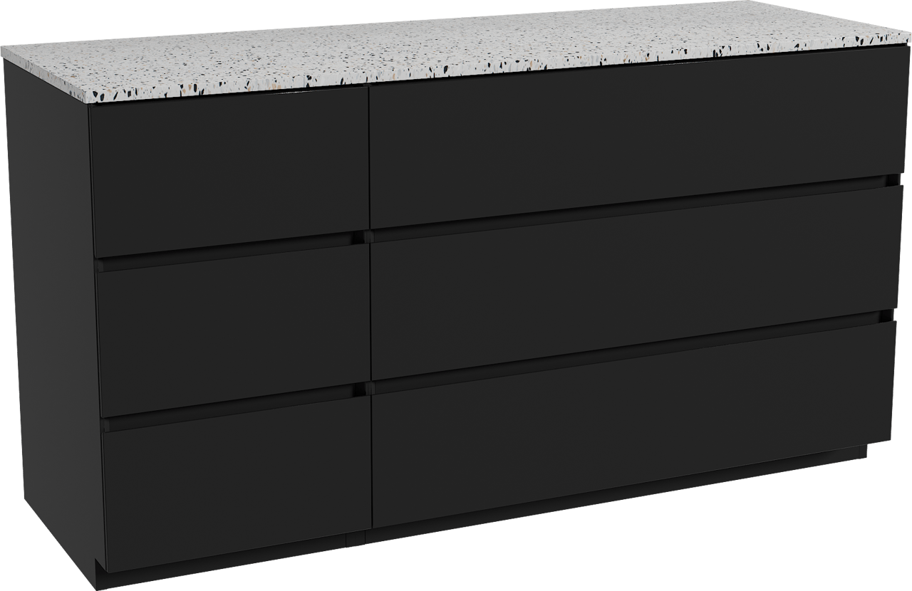 Storke Edge staand badmeubel 150 x 52 cm mat zwart met Tavola enkel of dubbel wastafelblad in mat wit/zwart terrazzo