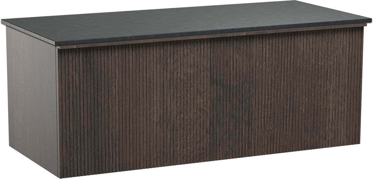 Balmani Forma zwevend badkamermeubel 120 x 55 cm gerookte eik met Stretto enkel tablet in graniet zwart, Verticale symmetrische rechte ribbel