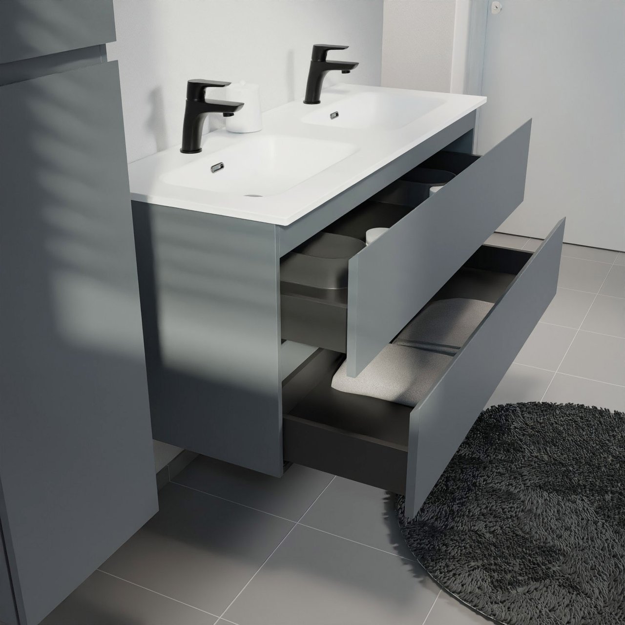 Linie Lado meuble salle de bains suspendu 120 x 46 cm bleu anthracite avec Baro double vasque en porcelaine blanc mat