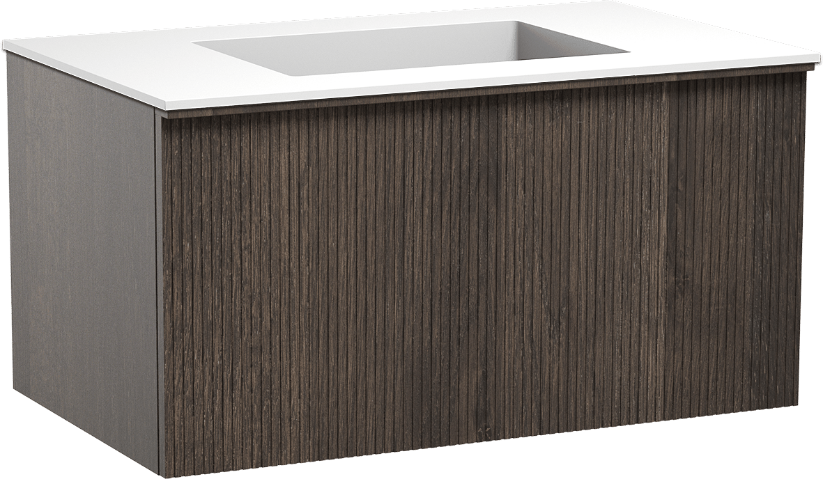 Balmani Forma meuble salle de bains suspendu 90 x 55 cm chêne fumé avec Tablo Stretto plan simple en solid surface blanc mat, Nervure droite symétrique verticale