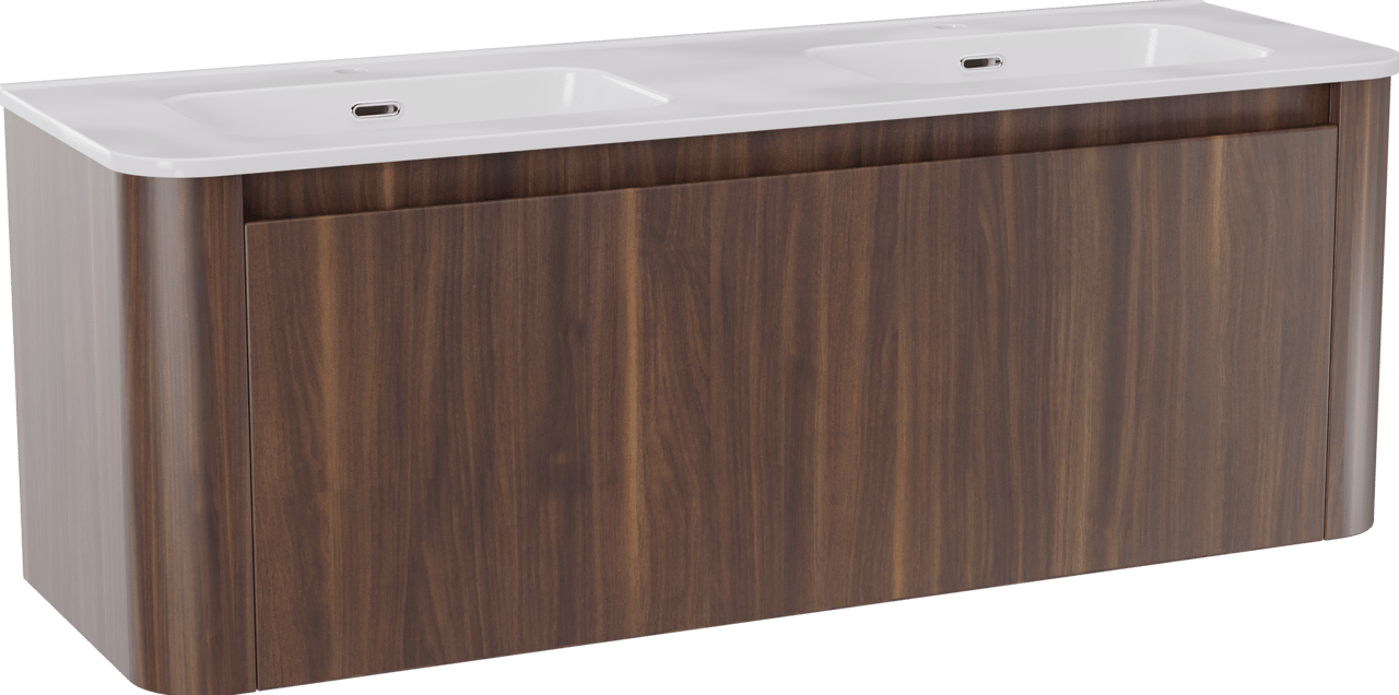 Storke Soft meuble salle de bains suspendu 140 x 46 cm noyer avec Kera Soft double vasque en porcelaine blanc brillant