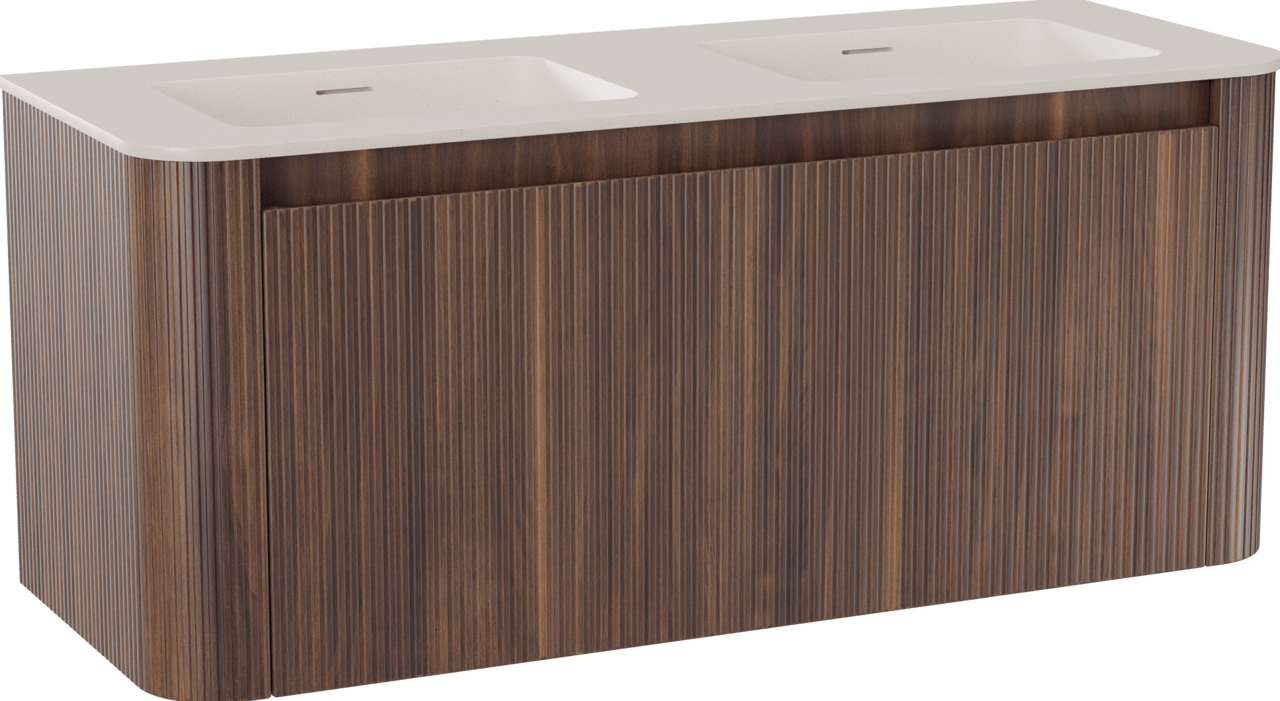 Storke Soft zwevend badkamermeubel 120 x 46 cm notelaar met Mata Soft dubbele wastafel in solid surface beige granita, Verticale symmetrische rechte ribbel