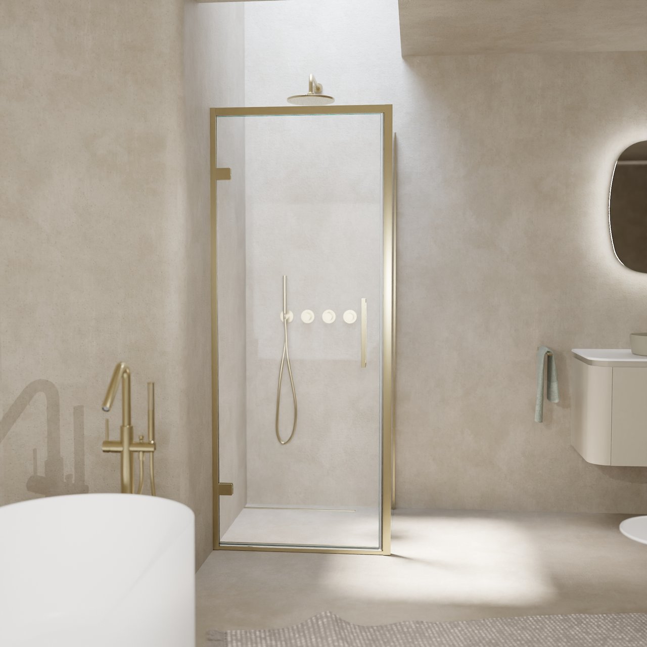 Balmani Senses Design Eckdusche: Drehtür (Links) mit fixierte Seitenwand, 90 x 80 cm, Klarglas, Profil Brushed Champagner Gold, inklusive Coating
