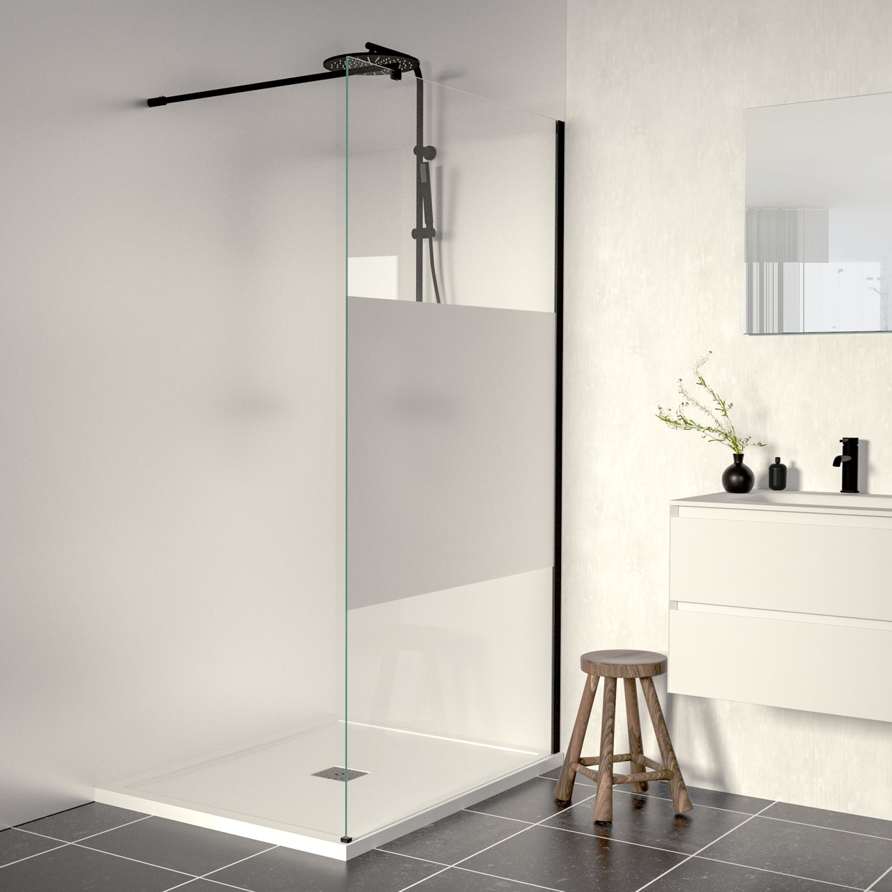 Linie Walk-In inloopdouche 100 x 200 cm helder glas met matte strook mat zwart profiel