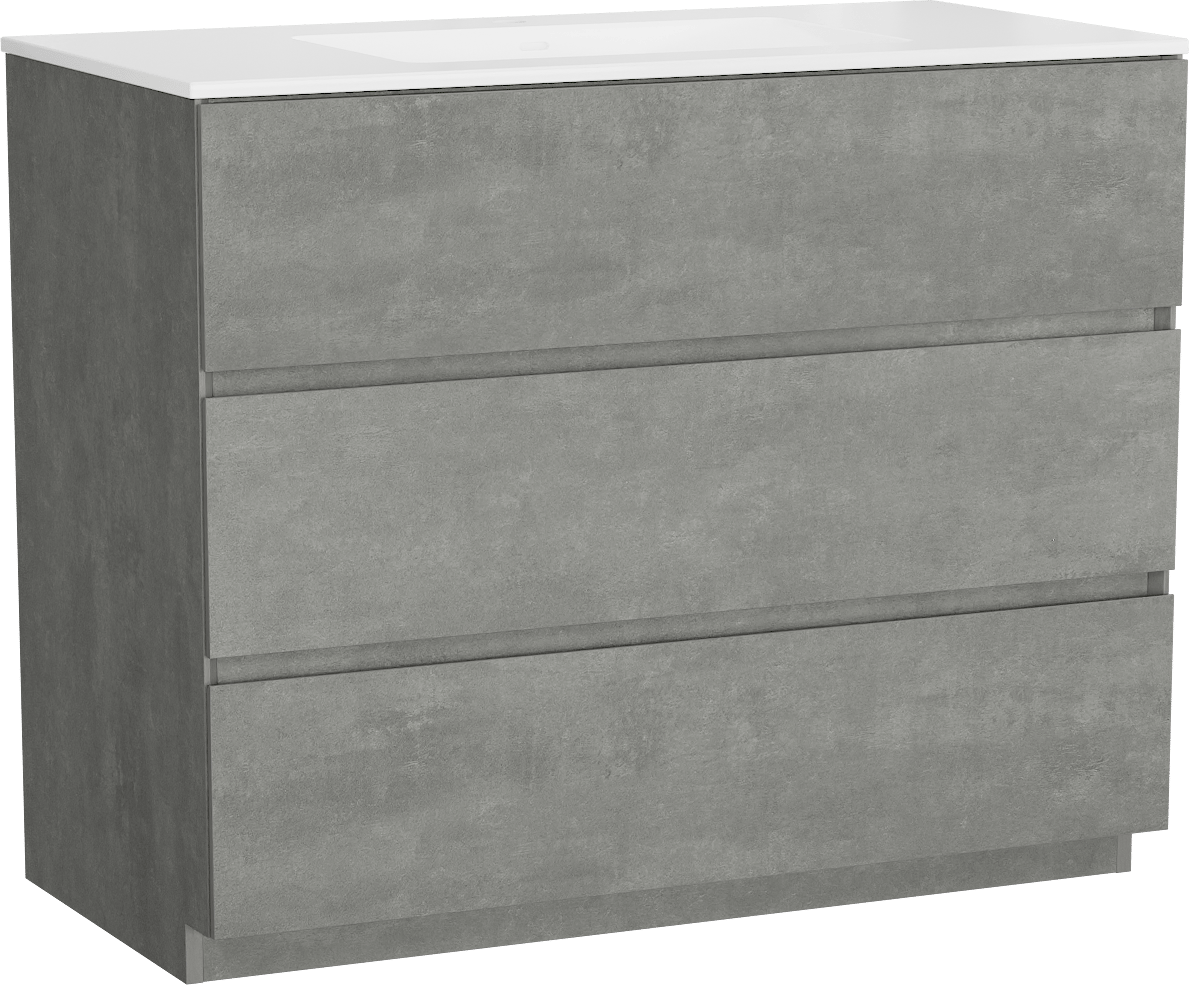 Storke Edge freistehendes Möbelstück Set: 105 x 52 cm, Beton dunkelgrau, mit Bilia Einzelwaschtisch, Marmorkomposit Weiß glänzend