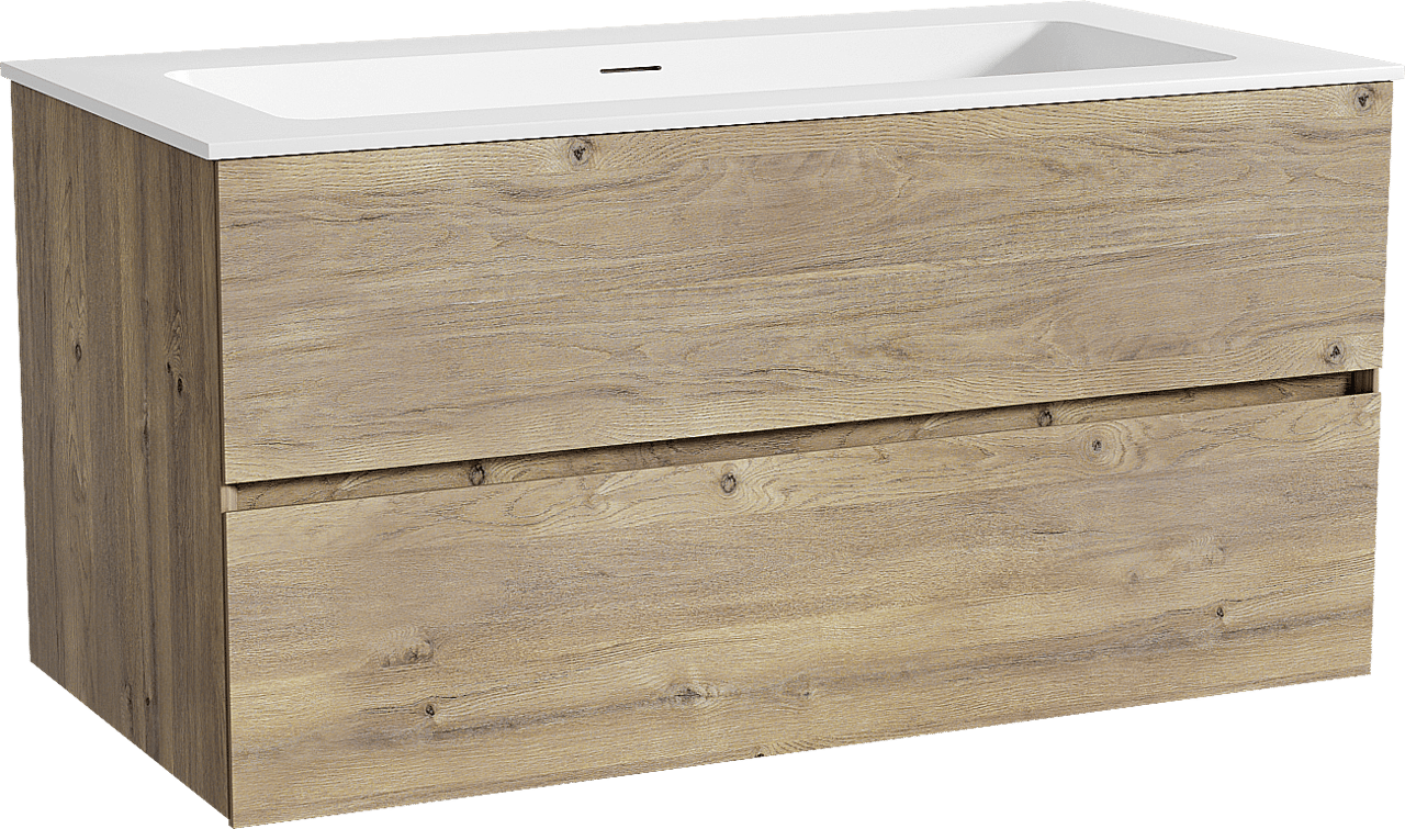 Storke Edge zwevend badkamermeubel 105 x 52 cm ruwe eik met Mata enkele wastafel voor 2 kraangaten in solid surface mat wit