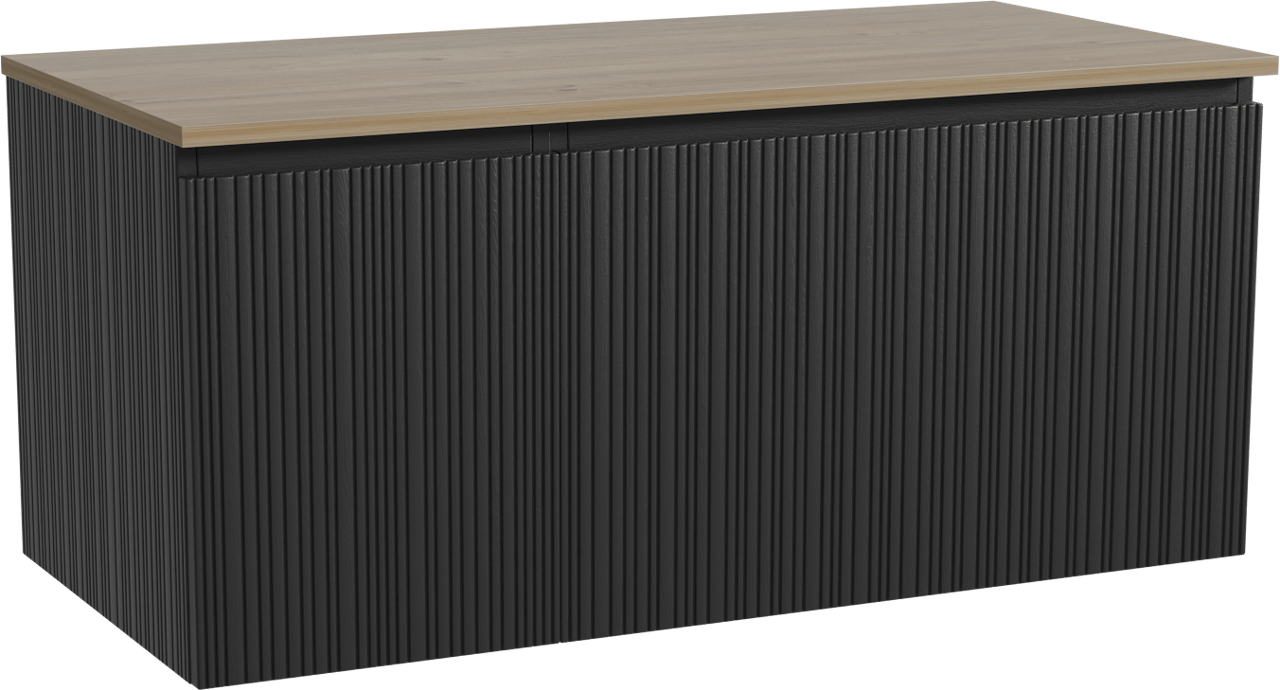 Storke Ribs zwevend badmeubel 110 x 52 cm zwart eiken met Panton enkel wastafelblad in melamine ruw eiken, Verticale asymmetrische rechte ribbel