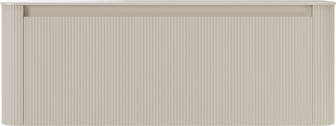 Storke Soft zwevend badkamermeubel 140 x 46 cm Sand mat met Tavola Soft enkele of dubbele tablet in solid surface beige granita, Verticale symmetrische rechte ribbel