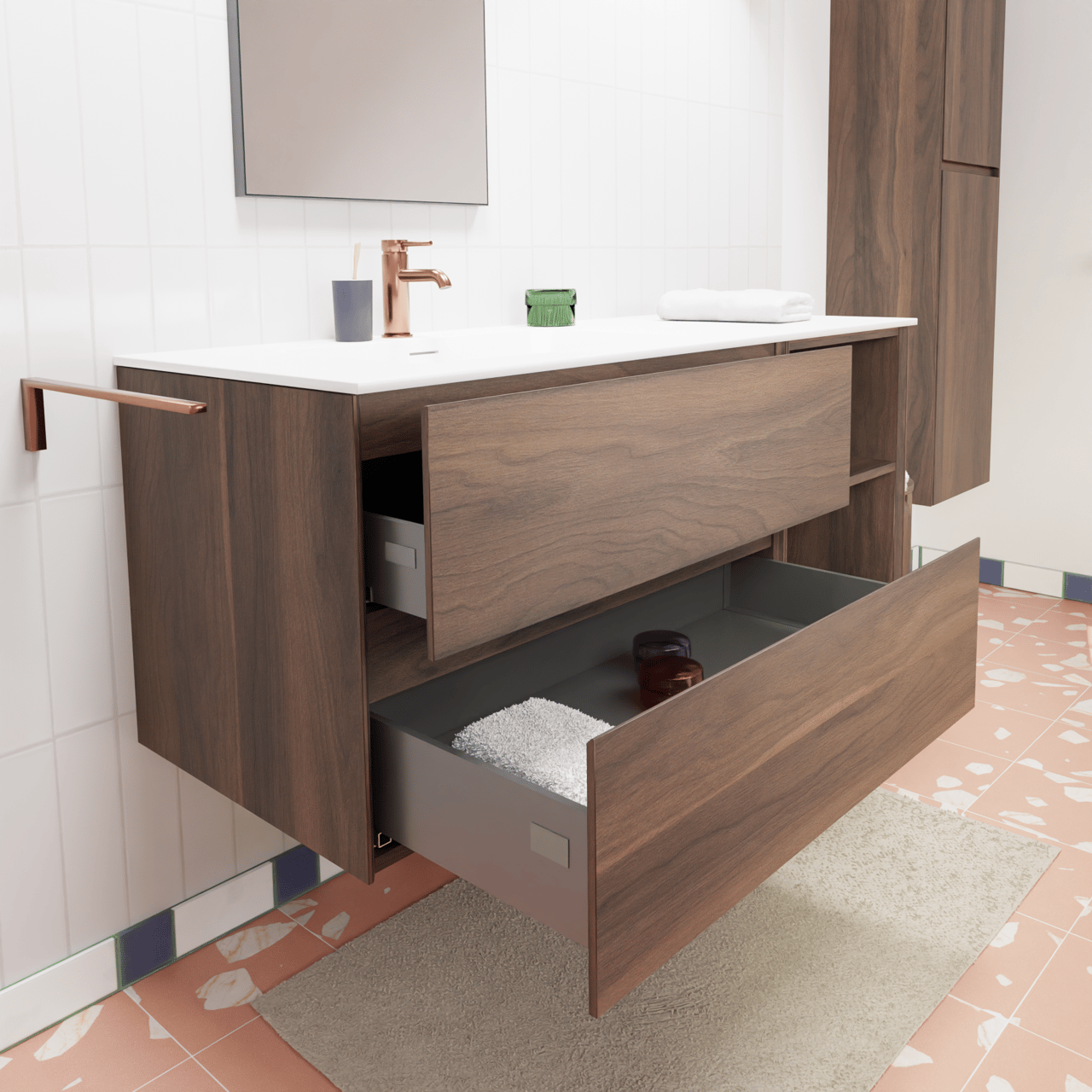 Storke Edge zwevend badkamermeubel 130 x 52 cm notelaar met Mata asymmetrisch linkse wastafel in solid surface mat wit