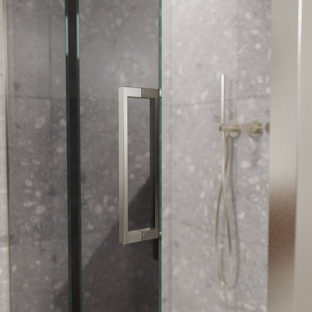 Balmani Senses Design douche en coin avec porte coulissante à gauche et paroi latérale fixe, 140 x 100 cm, Miroir Reflex, Profil Brushed CoolMetal