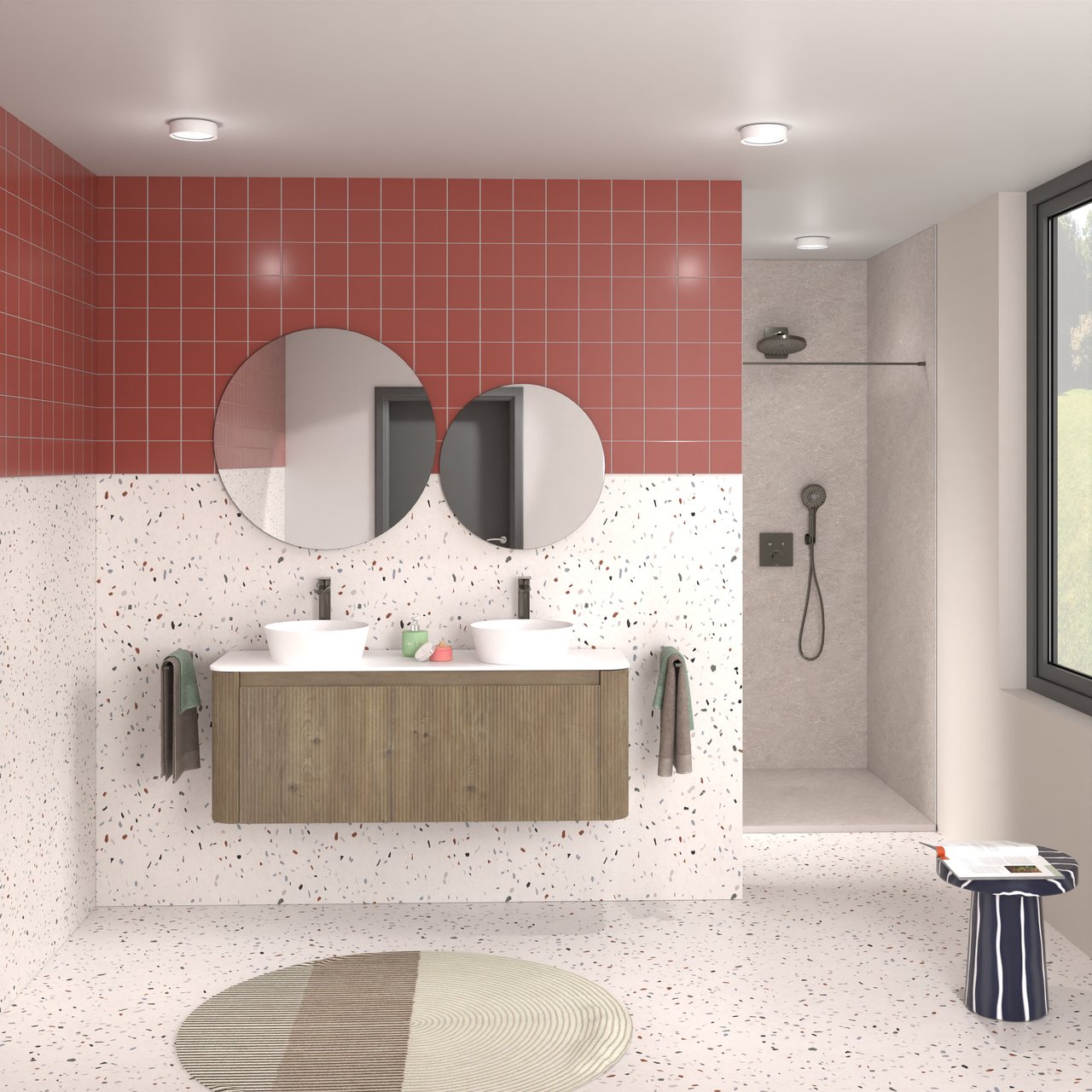 Storke Soft meuble salle de bains suspendu 140 x 46 cm chêne brut avec Tavola Soft tablette simple ou double vasque en Solid Surface blanc mat, Nervure droite symétrique verticale