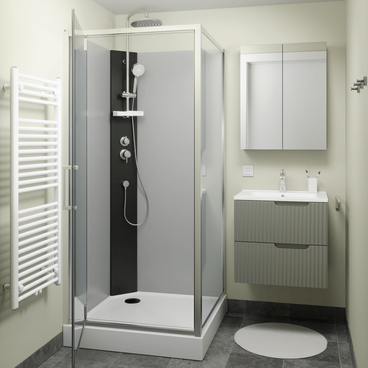 Linie Salta Duschkabine: Drehtür, 90 x 90 cm, Klarglas, Chrom Profil, mit Armatur
