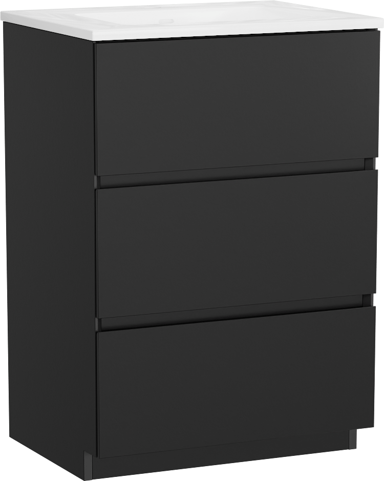 Storke Edge freistehendes Möbelstück Set: 60 x 46 cm, Schwarz matt, mit Bilia Einzelwaschtisch, Marmorkomposit Weiß glänzend