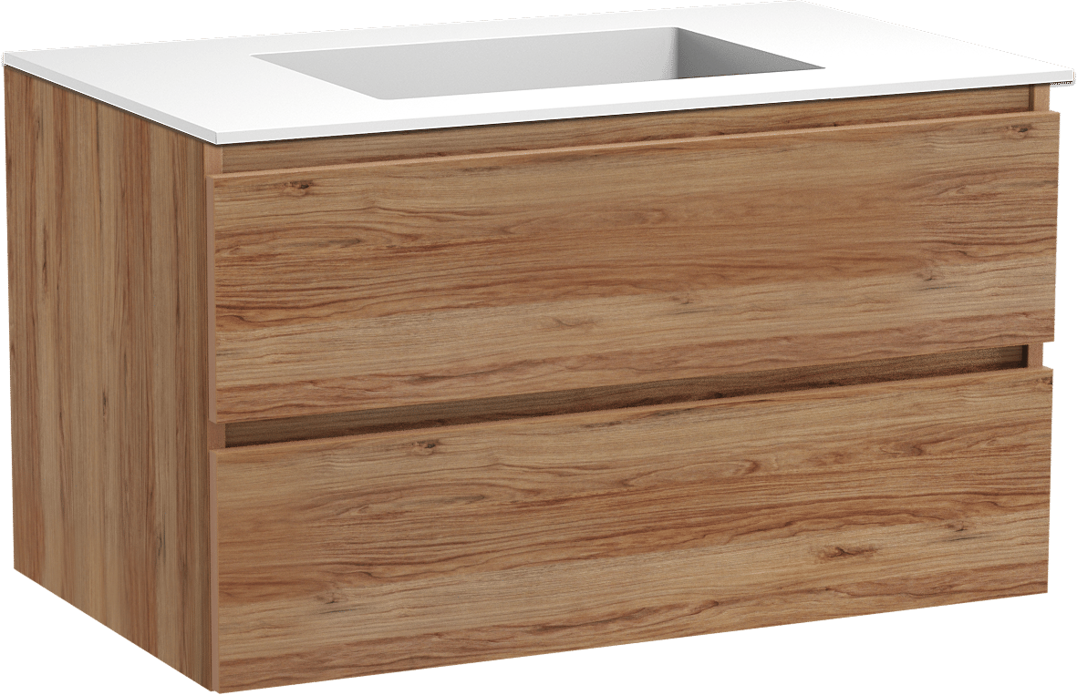 Balmani Lucida zwevend badkamermeubel 90 x 55 cm teak met Tablo Stretto enkele wastafel in solid surface mat wit