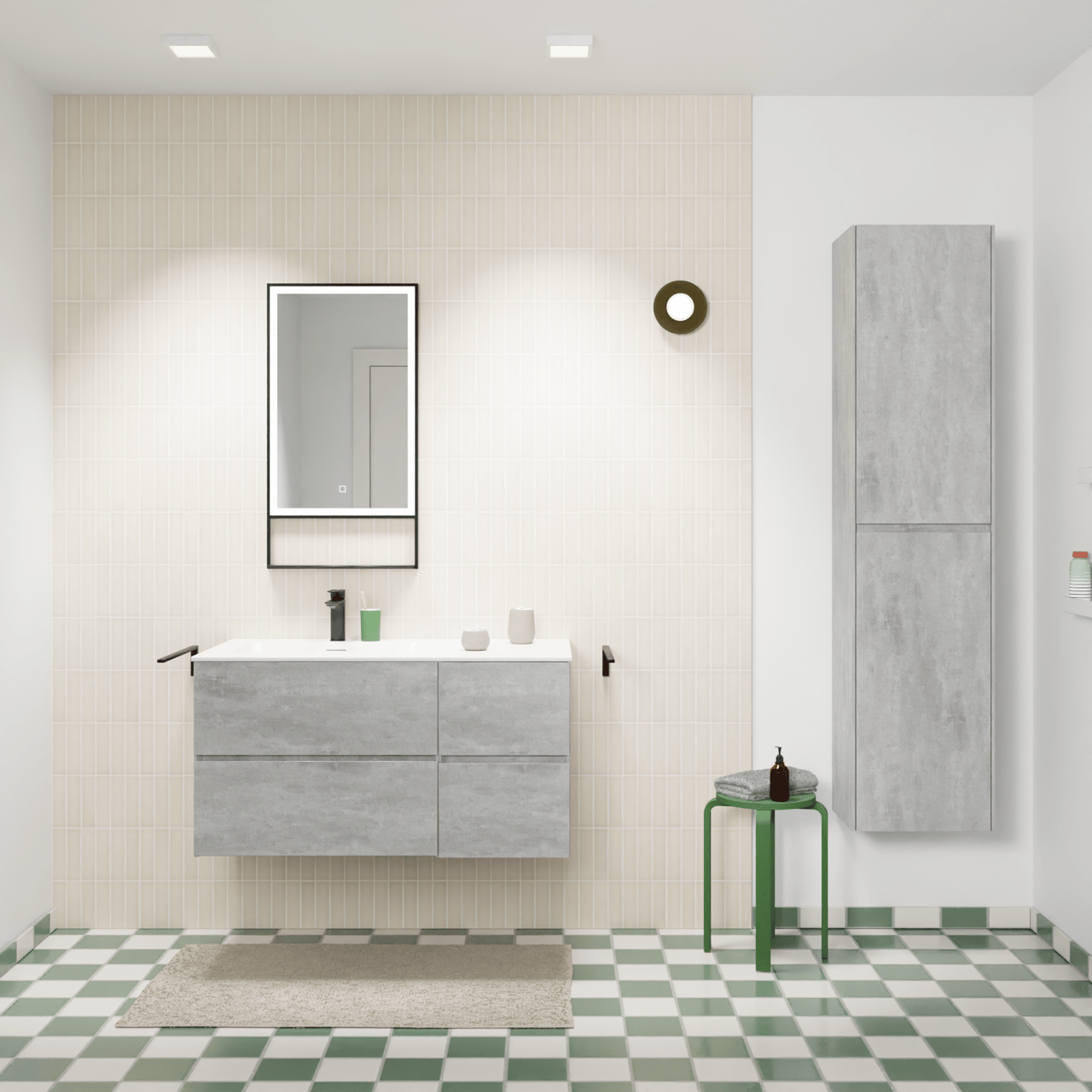Storke Edge meuble salle de bains suspendu 100 x 52 cm béton gris foncé avec Mata plan vasque asymétrique à gauche en solid surface blanc mat