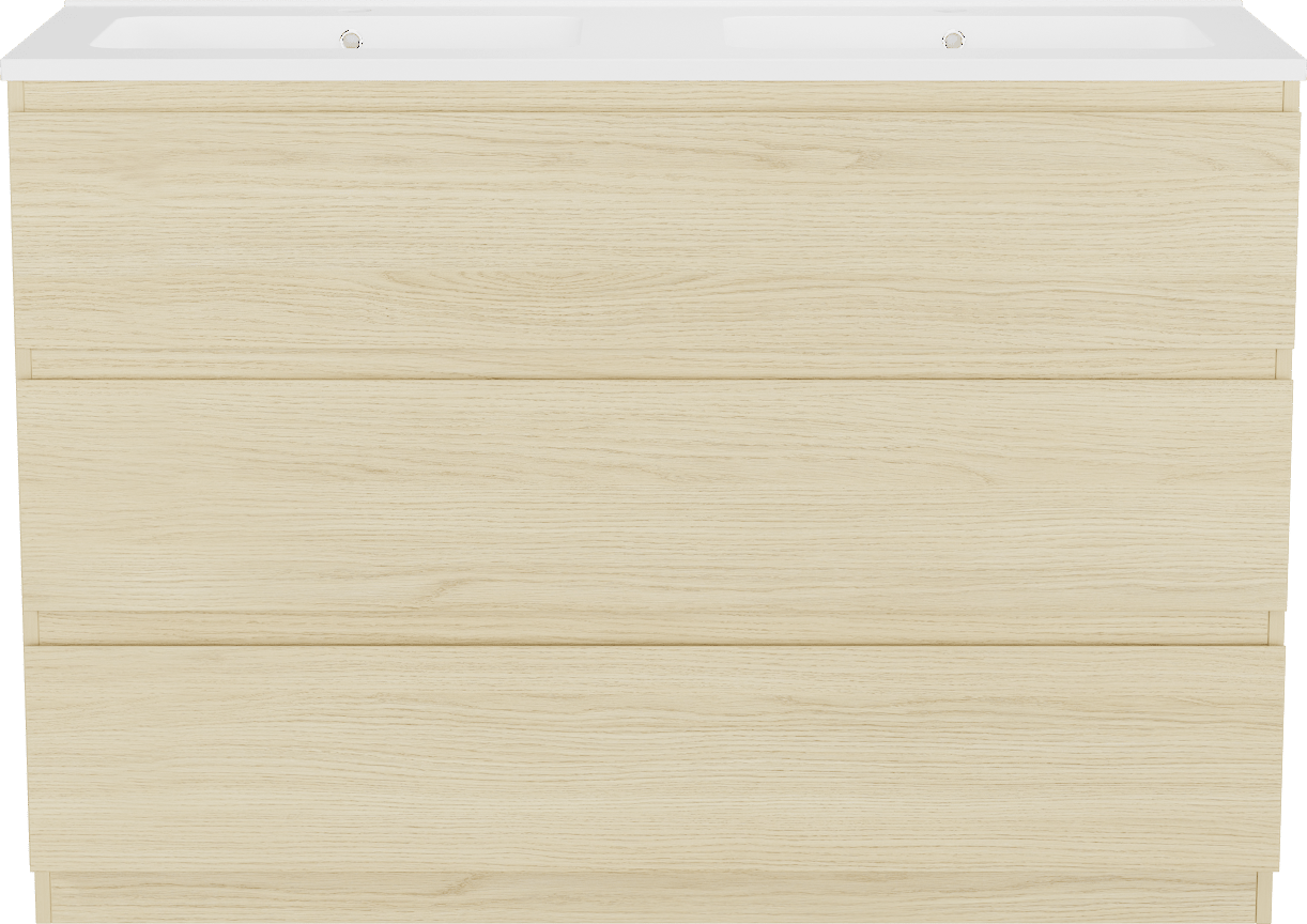 Linie Lado meuble salle de bains à poser 120 x 46 cm chêne scandinave avec Vano double vasque en marbre composite blanc mat