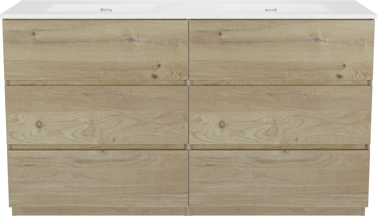 Storke Edge staand badkamermeubel 150 x 52 cm ruwe eik met Kera dubbele wastafel in porselein mat wit, afvoerpluggen inbegrepen
