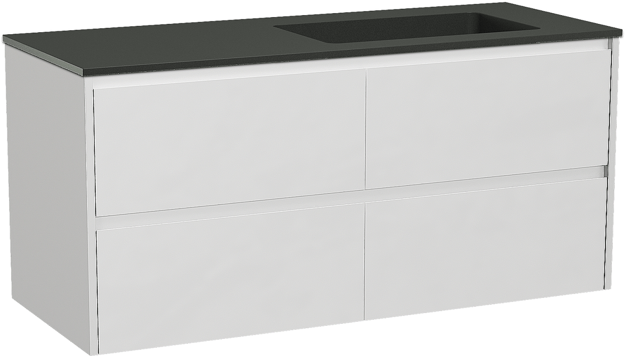 Storke Seda zwevend badkamermeubel 130 x 52 cm mat wit met Scuro asymmetrisch rechtse wastafel in kwarts mat zwart