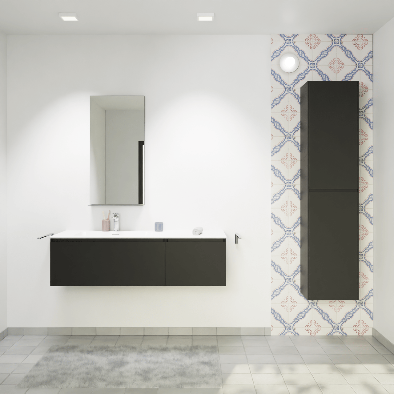 Storke Edge zwevend badkamermeubel 130 x 52 cm mat zwart met Mata asymmetrisch linkse wastafel in solid surface mat wit
