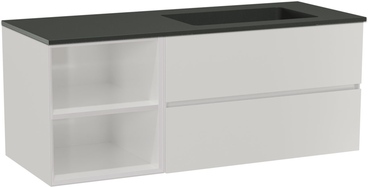 Storke Edge zwevend badmeubel 130 x 52 cm hoogglans wit met Scuro asymmetrisch rechtse wastafel in kwarts mat zwart