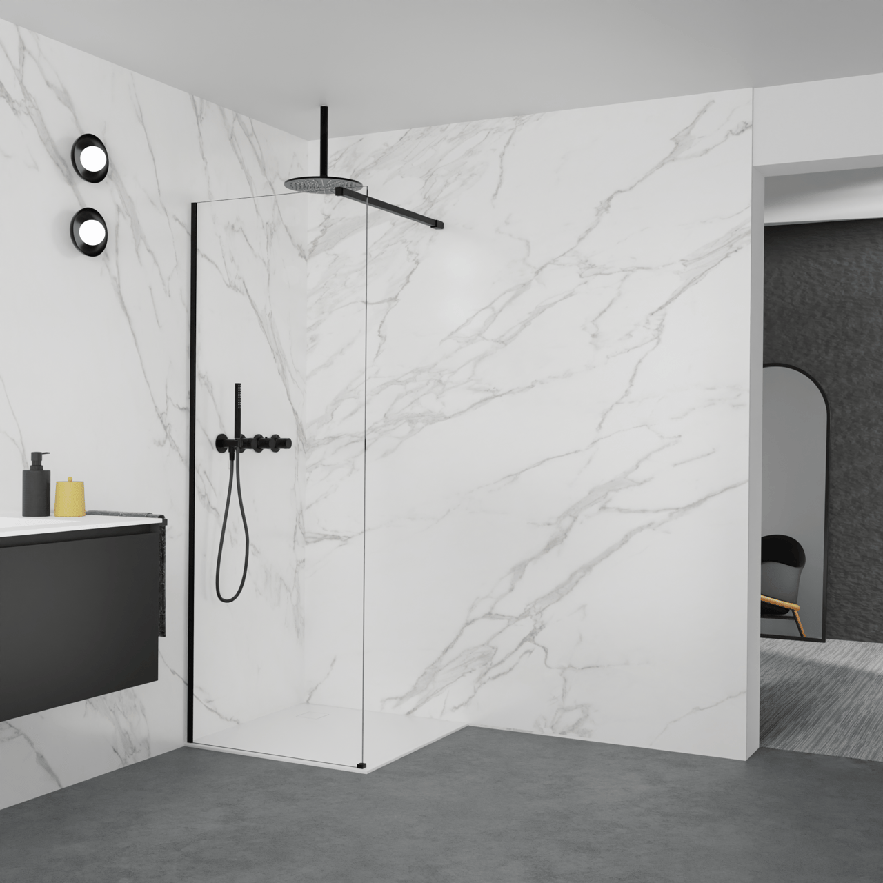 Balmani Modular douche à l'italienne: 80 x 200 cm, Verre transparent, Profil Noir mat