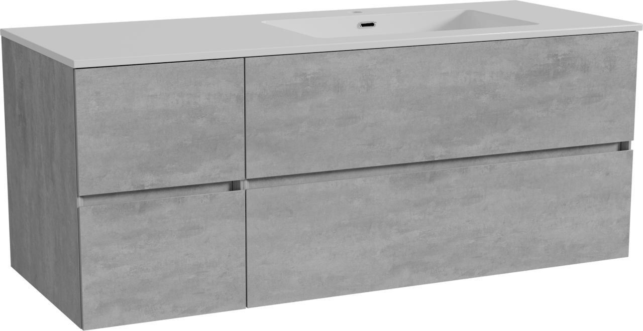 Storke Edge zwevend badkamermeubel 130 x 52 cm beton donkergrijs met Diva asymmetrisch rechtse wastafel in composietmarmer glanzend wit