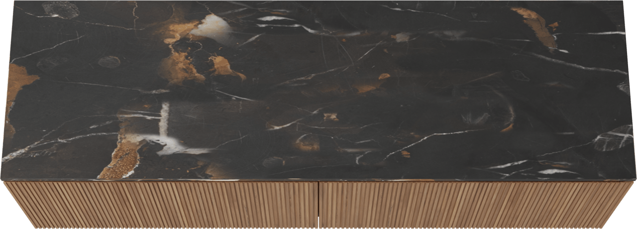 Balmani Eclips meuble salle de bains suspendu 180 x 55 cm Teck avec Stretto tablette simple ou double en Portoro Gold marbre, Nervure droite symétrique verticale