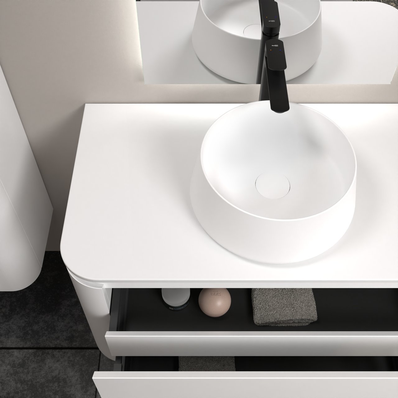Balmani Moon zwevend badkamermeubel 160 x 55 cm mat wit met Moon enkel of dubbel tablet in solid surface mat wit