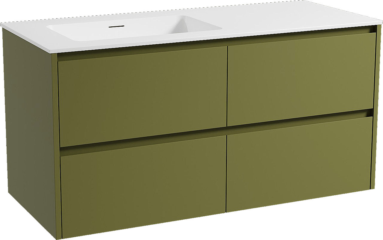 Storke Seda hängendes Möbelstück Set: 120 x 52 cm, Olivgrün, mit Mata Waschtisch links, Solid Surface Weiß matt