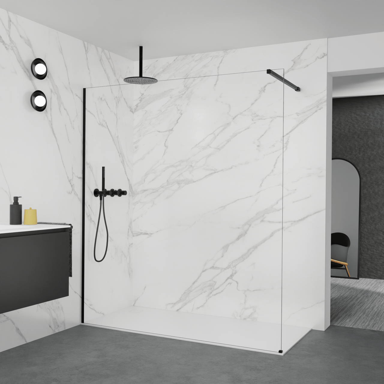 Balmani Modular inloopdouche: 180 x 200 cm, Helder glas met coating, Mat zwarte profielen