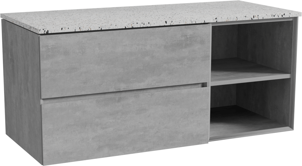 Storke Edge meuble salle de bains suspendu 120 x 52 cm béton gris foncé avec Tavola tablette simple ou double en blanc/noir mat terrazzo
