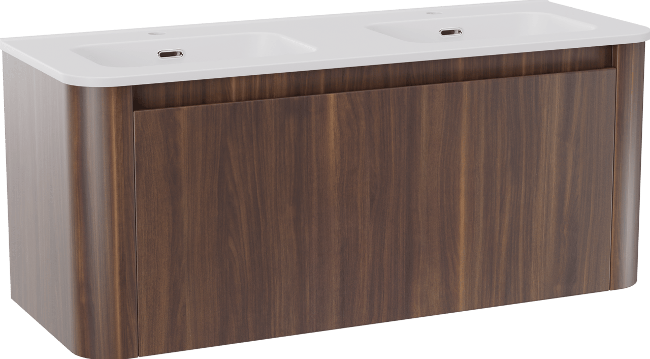 Storke Soft meuble salle de bains suspendu 120 x 46 cm noyer avec Kera Soft double vasque en porcelaine blanc mat