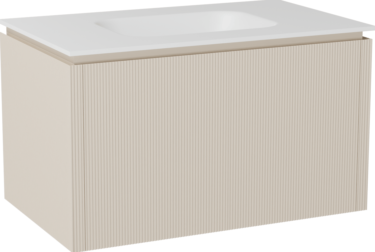 Balmani Eclips zwevend badkamermeubel 90 x 55 cm Sandbeige met Tablo Arcato enkele wastafel in Solid Surface mat wit, Verticale symmetrische rechte ribbel