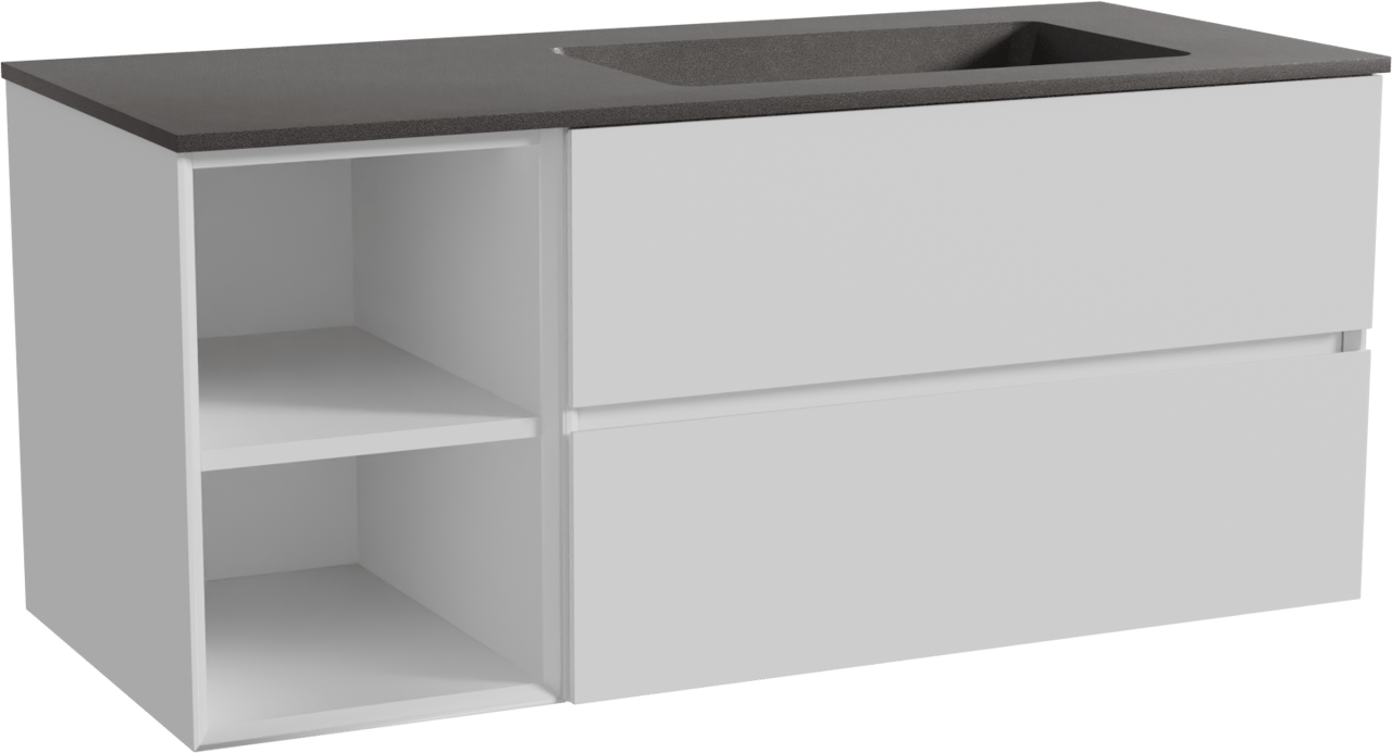 Storke Edge zwevend badmeubel 120 x 52 cm mat wit met Scuro asymmetrisch rechtse wastafel in kwarts mat zwart
