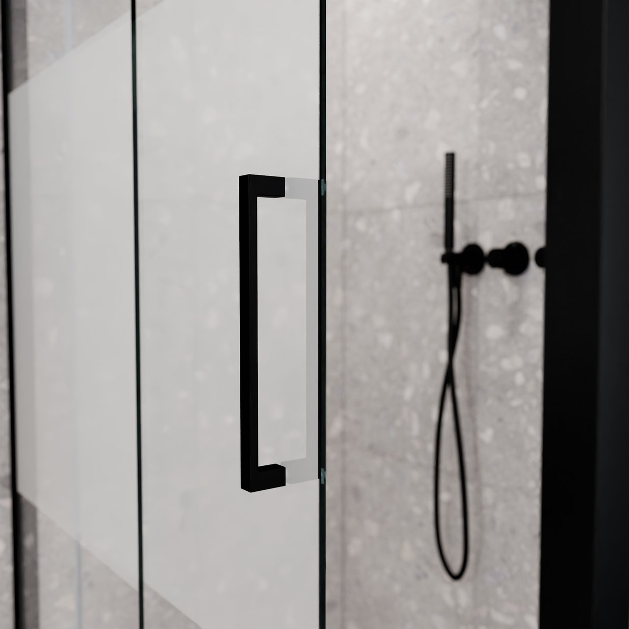 Balmani Senses Design Eckdusche: Schiebetür (Links) mit fixierte Seitenwand, 140 x 80 cm, Klarglas mit mattiertem Streifen, Profil Schwarz matt, inklusive Coating