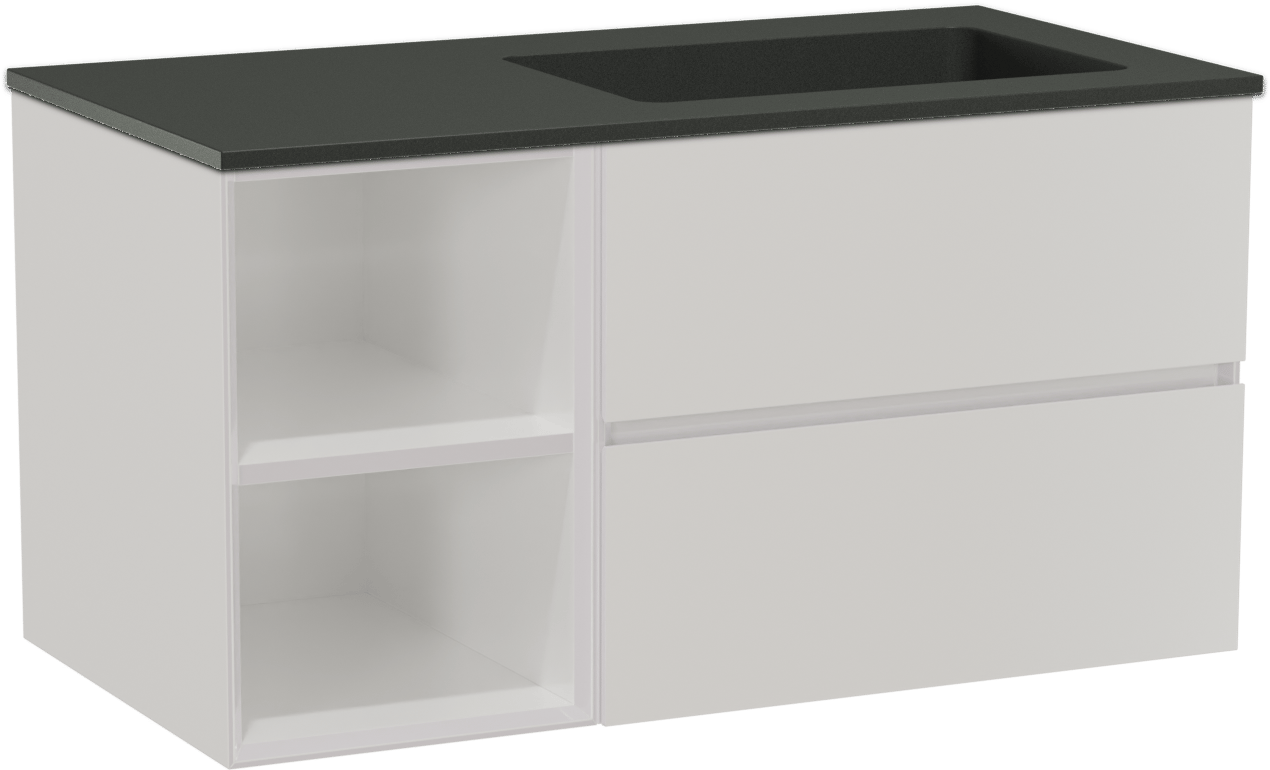 Storke Edge zwevend badmeubel 100 x 52 cm hoogglans wit met Scuro asymmetrisch rechtse wastafel in kwarts mat zwart