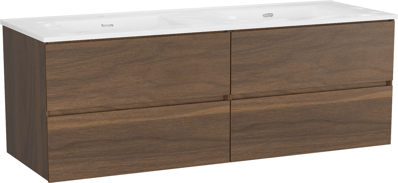 Storke Edge meuble salle de bains suspendu 150 x 52 cm noyer avec Kera double vasque en porcelaine blanc brillant, bondes incluses