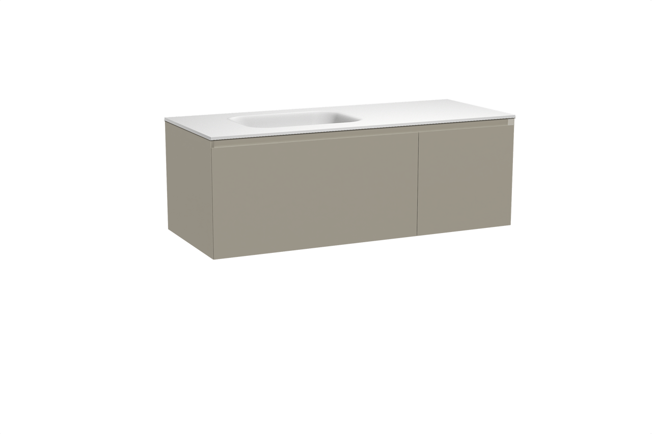 Balmani Idra by Mitra zwevend badmeubel 135 x 55 cm steengrijs met Tablo Arcato asymmetrisch linkse wastafel in solid surface mat wit