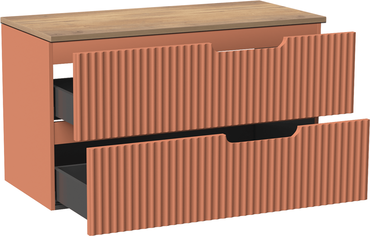 Linie Ribbo zwevend badkamermeubel 100 x 46 cm cotto met Lado enkel of dubbel tablet in melamine natuur eik, Verticale symmetrische ronde ribbel