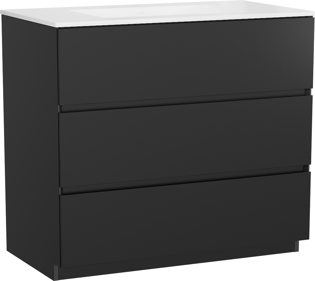 Storke Edge freistehendes Möbelstück Set: 95 x 52 cm, Schwarz matt, mit Bilia Einzelwaschtisch, Marmorkomposit Weiß glänzend