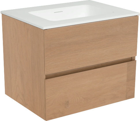 Storke Edge zwevend badkamermeubel 60 x 46 cm ruwe eik met Mata enkele wastafel in solid surface mat wit