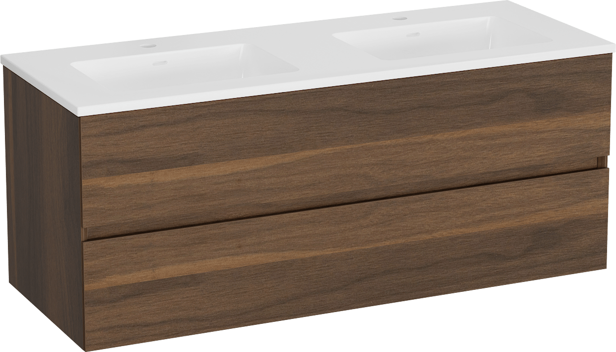 Storke Edge meuble salle de bains suspendu 120 x 46 cm noyer avec Bilia double vasque en marbre composite blanc brillant