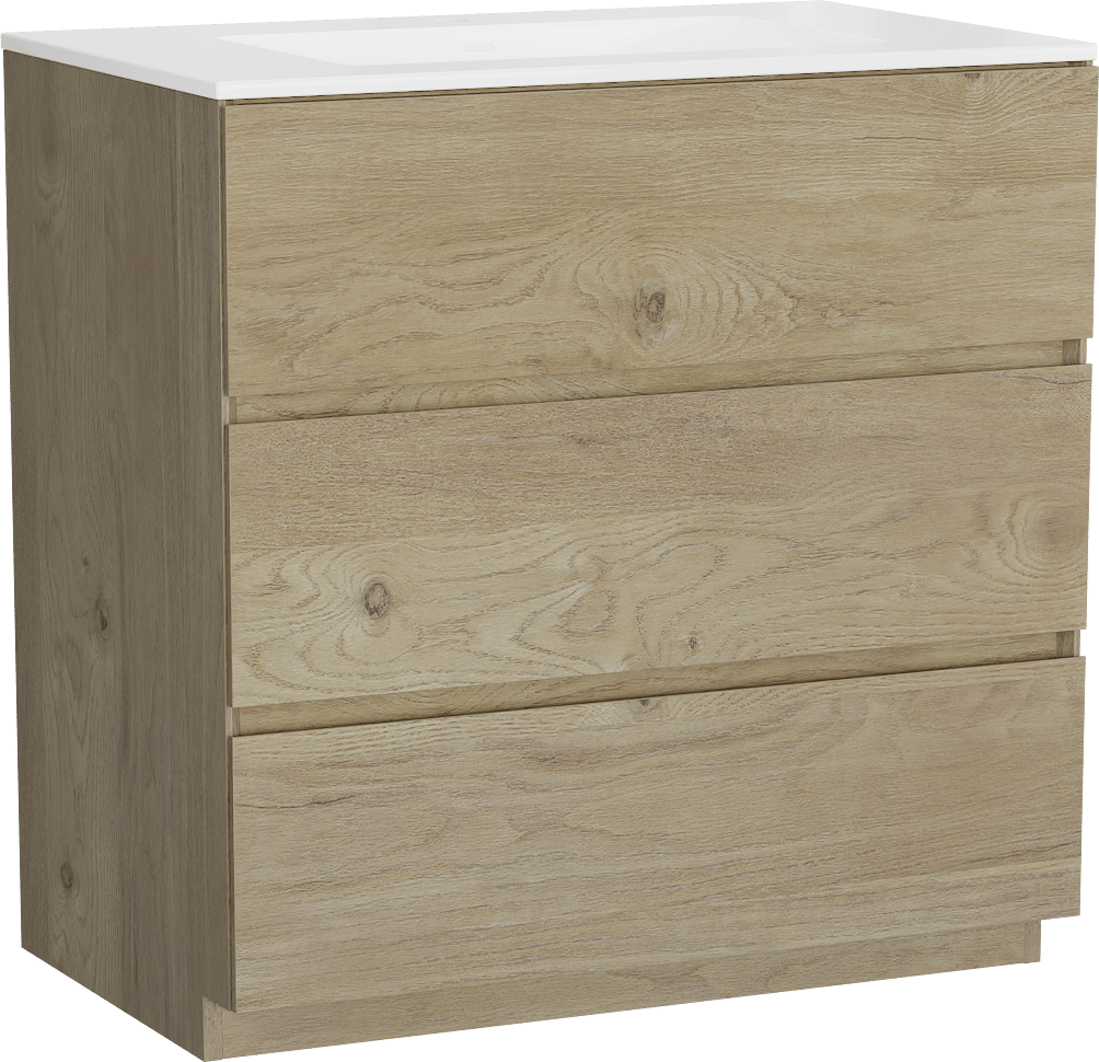 Storke Edge freistehendes Möbelstück Set: 85 x 52 cm, Rohe Eiche, mit Bilia Einzelwaschtisch, Marmorkomposit Weiß glänzend