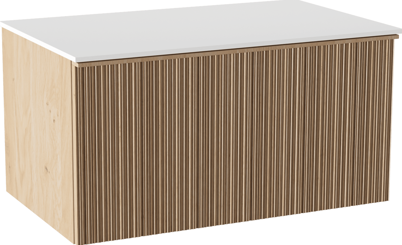 Balmani Forma meuble salle de bains suspendu 90 x 55 cm chêne naturel avec Stretto tablette simple en solid surface blanc mat, Nervure circulaire asymétrique verticale