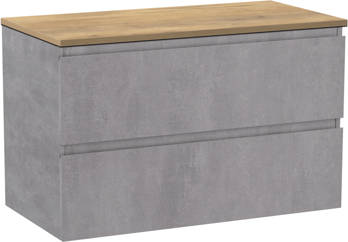 Linie Lado zwevend badmeubel 90 x 46 cm beton donkergrijs met Lado enkel wastafelblad in melamine naturel eiken
