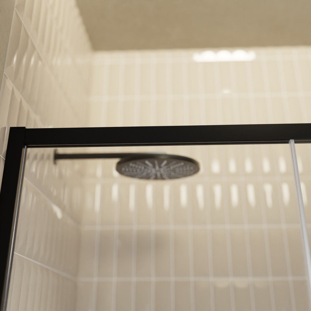 Balmani Senses Design douche schuifdeur links 160 cm x 210 cm Helder glas met matte strook glas, Zwarte profielen, met coating