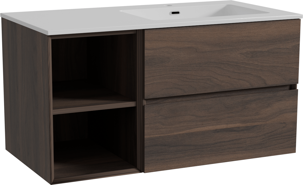 Storke Edge zwevend badkamermeubel 100 x 52 cm notelaar met Diva asymmetrisch rechtse wastafel in composietmarmer glanzend wit