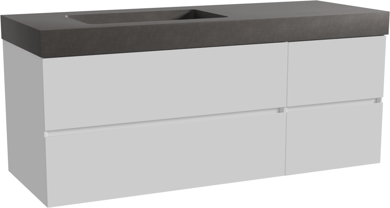 Storke Edge zwevend badkamermeubel 140 x 52 cm glanzend wit met Scuro High asymmetrisch linkse wastafel in kwarts mat zwart